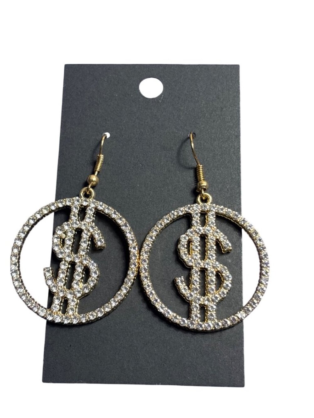 Dollar Sign Circle Dangle Earrings Goldtone Clear Rhinestones 1.5 inches